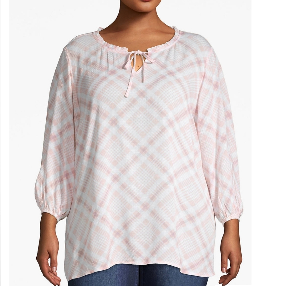 Lane Bryant Tie Neck Pink Plaid Peasant Blouse